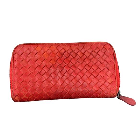 Bottega Veneta Handbags - Bottega Veneta Orange Woven Leather Zip Around Wallet